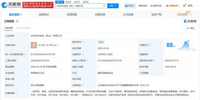 永利股份在昆山成立傳動系統公司，注冊資本達1億元